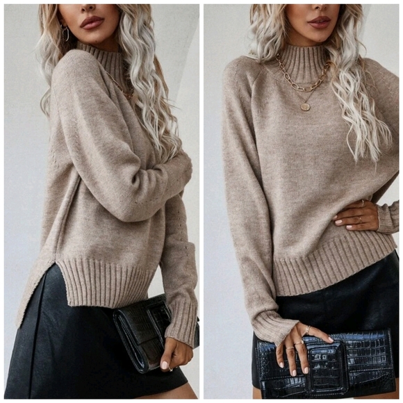 Sweaters - New Ribbed High Low Mock Neck Knit Sweater Top Tan Khaki Light Brown